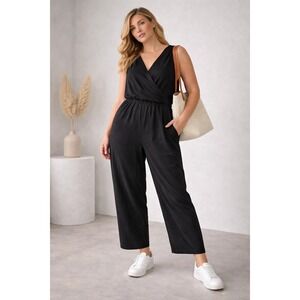 BR Black 100% Silk Jumpsuit Size 10 Wide Leg Sleeveless Tie Back Minimalist